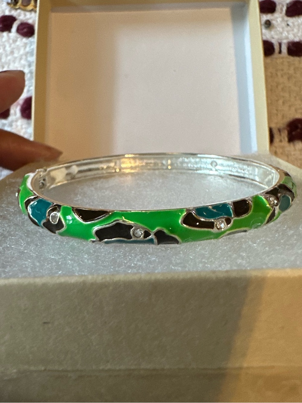 Green black blue Enamel hinged Silver-Tone Bangle Bracelet diamonds accents